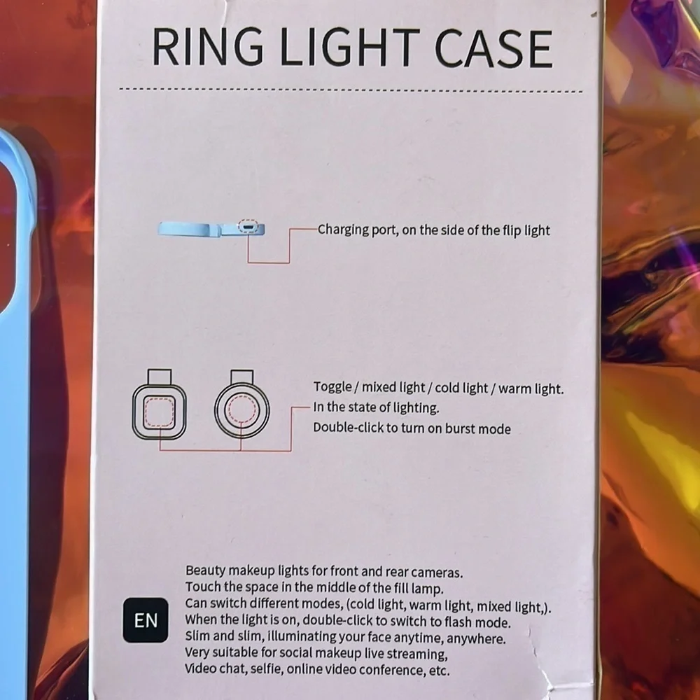 Brand New Selfie Ring Light Flip Phone Case for iPhone 14 Pro Max 3 Modes Blue